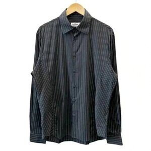 Le Chateau Mens Button Down Dress Shirt Long Sleeves Black White Pinstripes XL